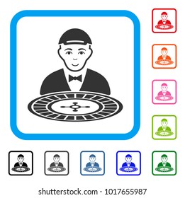 Cheerful Roulette Croupier vector pictograph. Human face has gladness mood. Black, grey, green, blue, red, pink color additional versions of roulette croupier symbol inside a rounded squared frame.