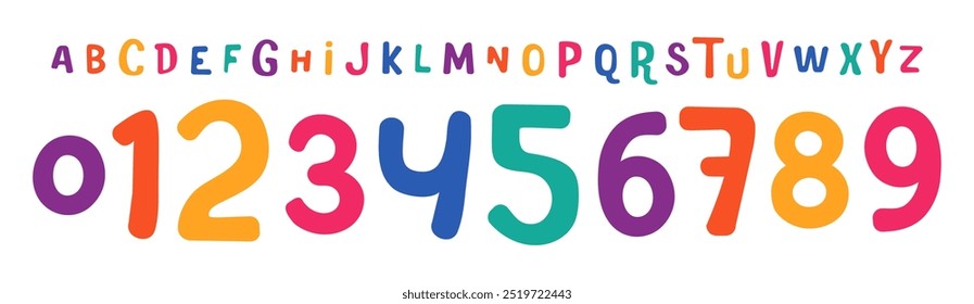 Cheerful rounded typeface, bright playful colored numbers and letters for kid designs and fun sports branding, jersey numbers, team merchandise. Vector typeset