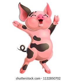 The cheerful ruddy pink and black pig rejoices standing on hind legs. A yellow hog, boar a symbol 2019 New Years according to the Chinese calendar. A cartoon vector illustration isolated on white.