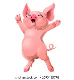 The cheerful ruddy pink pig rejoices standing on hind legs. A yellow hog, boar a symbol 2019 New Years according to the Chinese calendar. A cartoon vector illustration isolated on white.