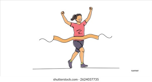 Cheerful runner crossing the finish line continuous single line art drawing sketch on white background