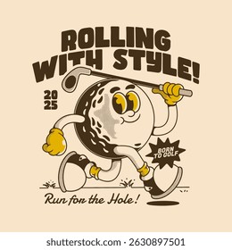 Cheerful running golf ball character with retro look