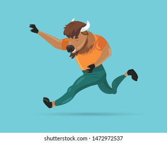 Cheerful running minotaur on a blue background. Vector illustration in cartoon style