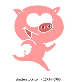 cheerful running pig flat color style cartoon