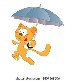 cheerful running red cat with an umbrella