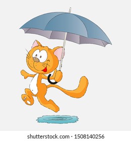 Cheerful Running Red Cat With An Umbrella