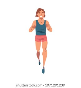 Cheerful Running Woman, Female Athlete in Sports Uniform Running Marathon on Isolated White Background