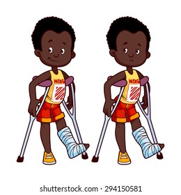 Cheerful and sad African American boy with a broken leg in a cast. Vector illustration on a white background.