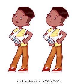 Cheerful and sad boy with a broken arm in a cast. Vector illustration on a white background.