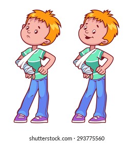 Cheerful and sad boy with a broken arm in a cast. Vector illustration on a white background.