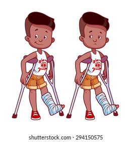 Cheerful and sad boy with a broken leg in a cast. Vector illustration on a white background.