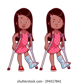 Cheerful And Sad Girl With A Broken Leg In A Cast. Vector Illustration On A White Background.