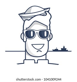 Cheerful sailor in modern sunglasses and forage-cap monochrome outline portrait with ships silhouettes on horizon vector illustration.