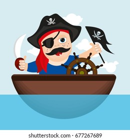 Cheerful sailor on boat, baby illustration, boat at sea