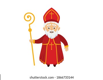 Cheerful Saint Nicholas icon vector. St. Nicholas with a crutch and a red robe icon isolated on a white background