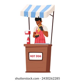 Cheerful Salesman Character Serves A Steaming Hot Dog With A Generous Squirt Of Mustard At His Bustling Market Stall, Delighting Customers With Warmth And Zest. Cartoon People Vector Illustration