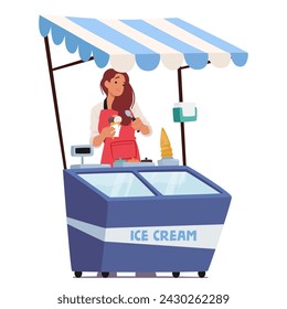 Alegre Vendedora En Un Delantal Crujiente Se Para En Su Puesto De Helados, Equilibrando Expertamente Un Cono De Helado Recién Sacado, Vibrante, Personaje Listo Para Servir A Los Clientes. Ilustración vectorial de personas de dibujos animados