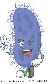 Cheerful salmonella typhi mascot design with two fingers. Vector illustration