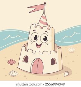 A cheerful sandcastle with a flag on a beach, surrounded by shells.