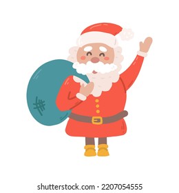 Cheerful Santa with bag of Christmas gifts, vector flat illustration on white background.