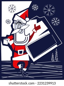 Alegre Santa con una bolsa de regalo. Ilustración vectorial.