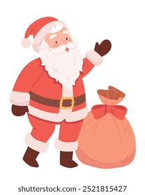 
Papai Noel alegre com um saco de presentes.Feliz rindo velho personagem barbudo com grande saco de presente para Natal e férias de inverno de Ano Novo.