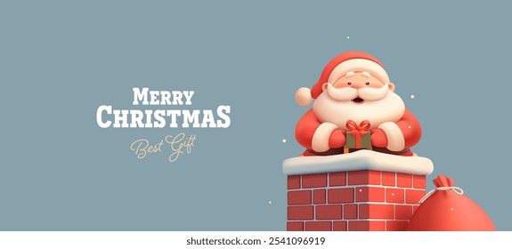 Cheerful Santa in the chimney with a gift in his hands and a red bag with gifts, 3D. Banner for advertising Christmas celebrations, greetings, and invitations. Vector illustration.