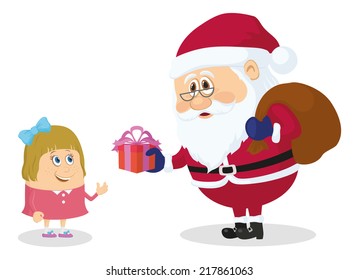 Cheerful Santa Claus with a bag of gifts gives a little girl gift box, Christmas holiday illustration, funny cartoon characters isolated on white background. Vector