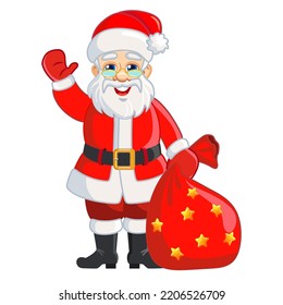 Cheerful Santa Claus with a bag of gifts. Vector character isolated on white background
