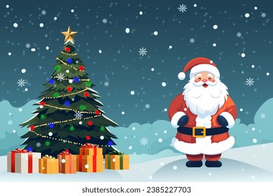 Cheerful Santa Claus and beautifully decorated Christmas tree with Christmas gift boxes in snowy weather. Christmas or New Year design. Postcard, poster, banner for printing.