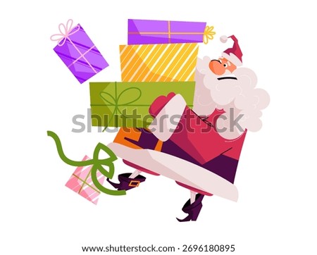 Cheerful Santa Claus carrying a stack of colorful gift boxes. Playful festive vector illustration perfect for Christmas design, greeting cards, and winter holiday projects