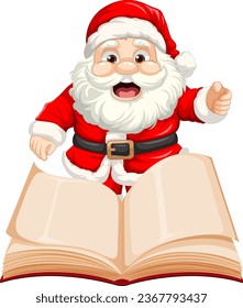 A cheerful Santa Claus cartoon character holding an open book