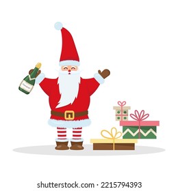 Cheerful Santa Claus with champagne and gifts. vector illustration