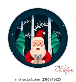 Cheerful Santa Claus Character Holding a Gift Box in Teal Paper Cut Nature Background for Merry Christmas Celebration.