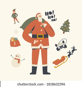 Personaje alegre de Santa Claus en traje rojo tradicional con saco con regalos. Vacaciones de invierno, Feliz Navidad Feliz Año Nuevo y Deseo Concepto. Ilustración de vectores lineales