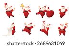  Cheerful Santa Claus characters holding gifts, ringing bell, carrying bag, shouting in megaphone, reading scroll, leaning, and jumping. For Christmas sale, announcements, and greeting cards. Vector.