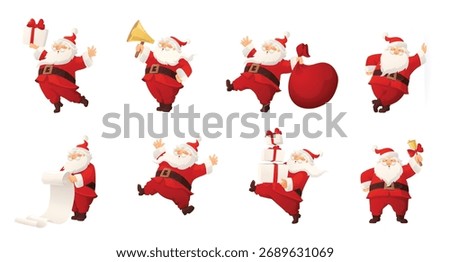  Cheerful Santa Claus characters holding gifts, ringing bell, carrying bag, shouting in megaphone, reading scroll, leaning, and jumping. For Christmas sale, announcements, and greeting cards. Vector.