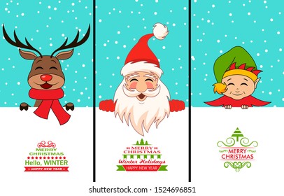 Cheerful Santa Claus, Christmas Deer, Baby Elf. Cartoon Characters with Celebration Cards