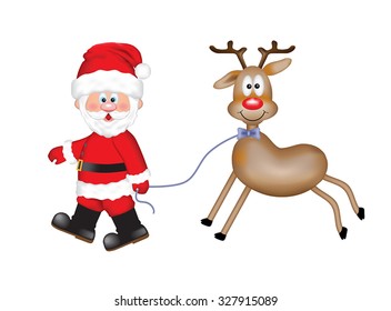 Cheerful Santa Claus with a cute smiling reindeer. Isolated on the white background.