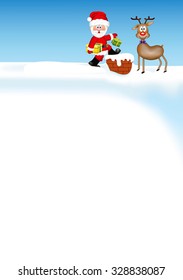Cheerful Santa Claus with a cute smiling reindeer on the roof, entering into the chimney. With copy space. Great for greeting cards.