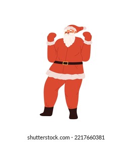 Cheerful Santa Claus dancing celebrate new year, christmas and winter holidays. Happy xmas character in costume with beard isolated on white background. Cartoon flat vector illustration