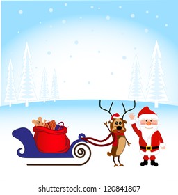 cheerful Santa Claus with a deer and gifts