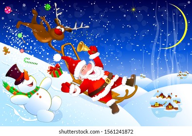 Cheerful Santa Claus descends from a hill on a sled. Santa, deer and snowman have fun descending from a snow slide. Winter night.