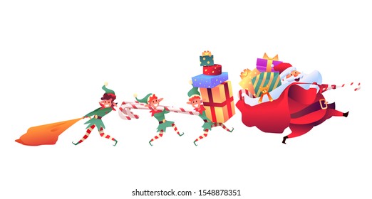 Cheerful santa claus with elves carrying presents for christmas. Cartoon xmas characters for merry christmas invitation, greeting cards and posters design. Vector flat winter characters in costumes