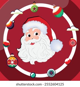 Um Papai Noel alegre face design vetorial cercado por ornamentos festivos como flocos de neve, bolinhas e estrelas. Perfeito para cartões de férias, decorações e projetos sazonais.