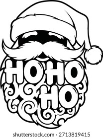 Cheerful Santa Claus face vector illustration with Ho Ho Ho text for Christmas holiday greeting cards on a transparent background.