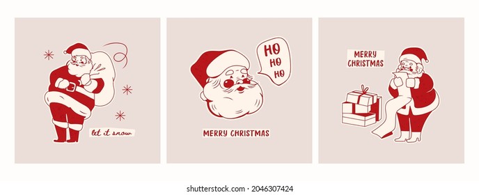 Cheerful Santa Claus with gift bag, long list and Present box. Christmas, New year concept. Retro, vintage style. Set of three square Cards. Hand drawn trendy Vector isolated illustrations