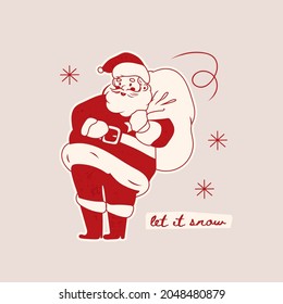 Cheerful Santa Claus with gift bag. Let it snow. Christmas, New year concept. Retro, vintage style. Square greeting Card. Hand drawn trendy Vector illustration