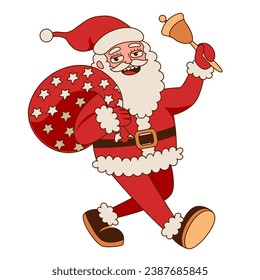 Cheerful Santa Claus with a gift bag and a bell in his hand, isolated on a white background. Merry Christmas and Happy New Year groovy sticker. Funny retro flat cartoon character, trendy 60s-70s style