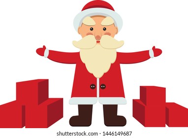 Cheerful Santa Claus with gift box, hugs offer, merry Christmas and happy new year, winter sale illustration, greeting card, vector